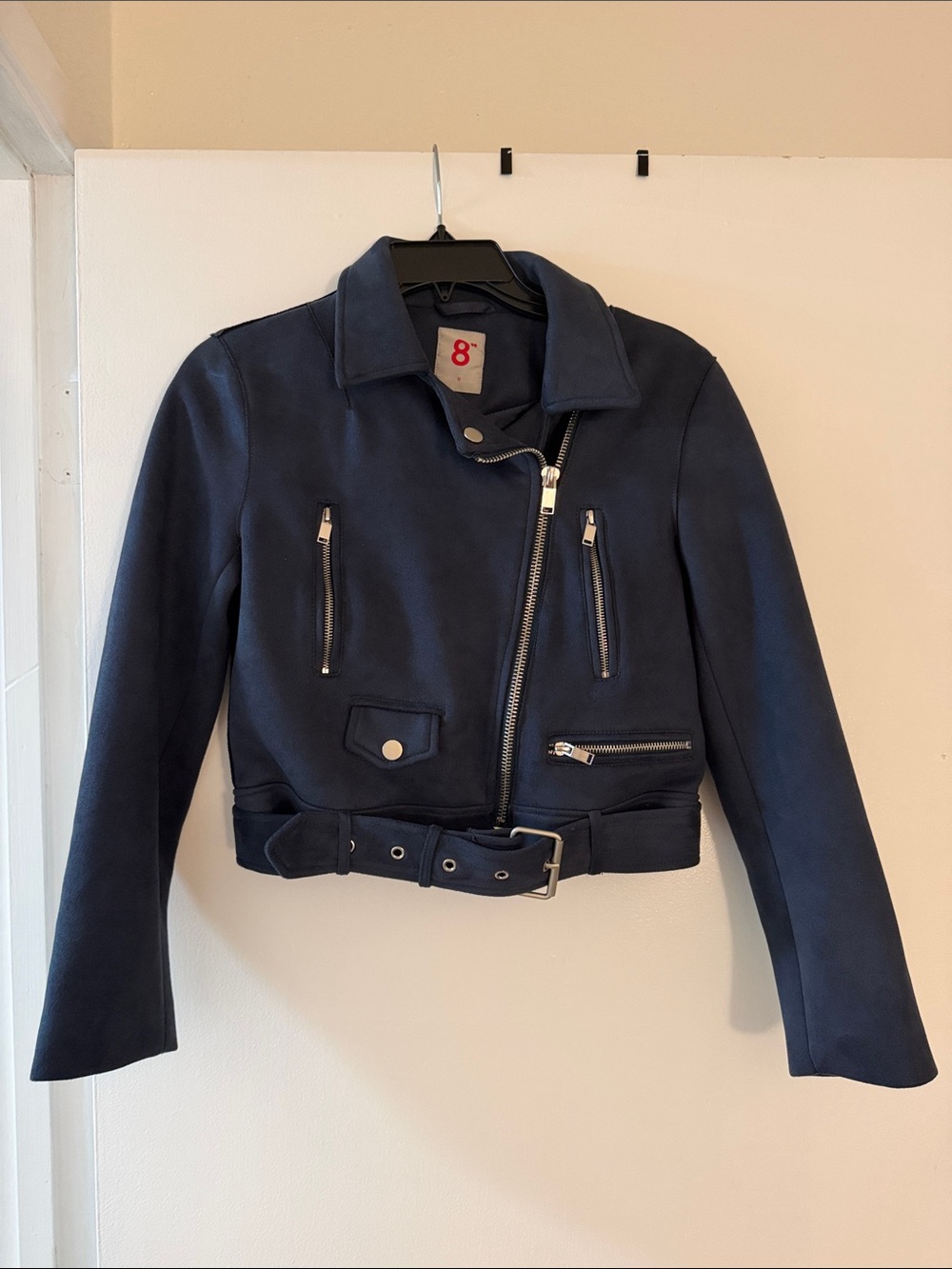 Women’s Navy Cropped Belted Moto Jacket